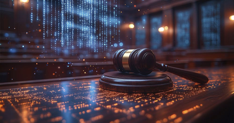 A judge's gavel in front of web code
